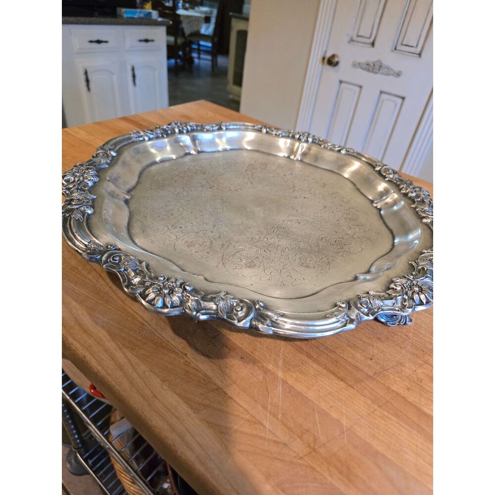 FB Rogers Silver on Copper Three Legged Butler Platter Sunflower Pattern Tray